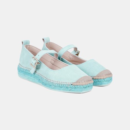 Kadın Su Yeşili Taşlı Toka Detaylı Süet Mary Jane Espadril