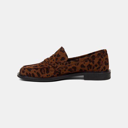 Kadın Leopar Desenli Yuvarlak Burun Süet Deri Loafer