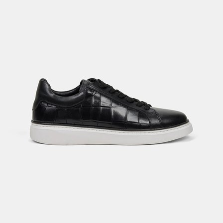 Erkek Siyah Bağcıklı Kroko Baskılı Deri Sneaker