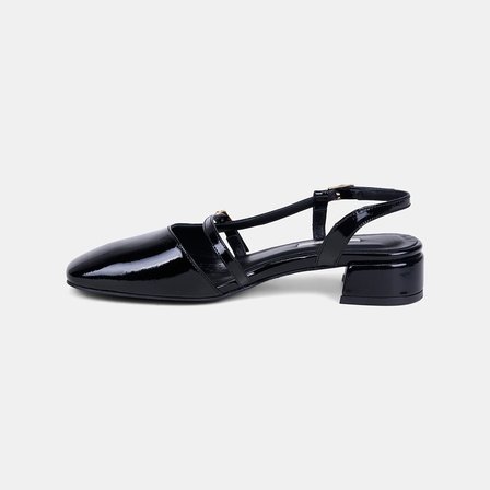 Kadın Siyah İnce Bantlı Slingback Kısa Topuklu Rugan Deri Ayakkabı