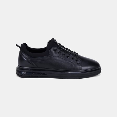 Erkek Siyah Lastik Bağcıklı Deri Sneaker