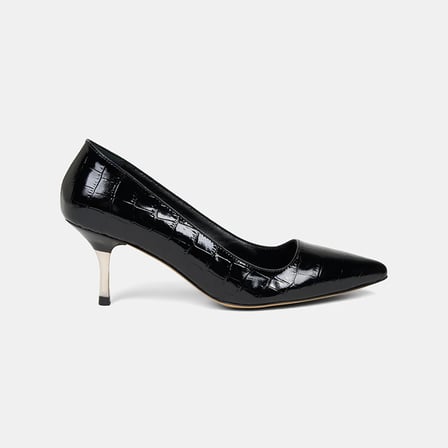 Kadın Siyah Kroko Baskılı Sivri Burunlu Deri Stiletto
