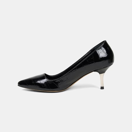 Kadın Siyah Kroko Baskılı Sivri Burunlu Deri Stiletto