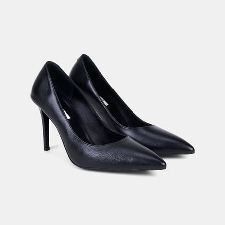 Kadın Siyah Sivri Burunlu Klasik Dokulu Deri Stiletto
