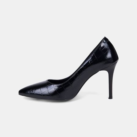 Kadın Siyah Kroko Baskılı Sivri Burunlu Klasik Deri Stiletto