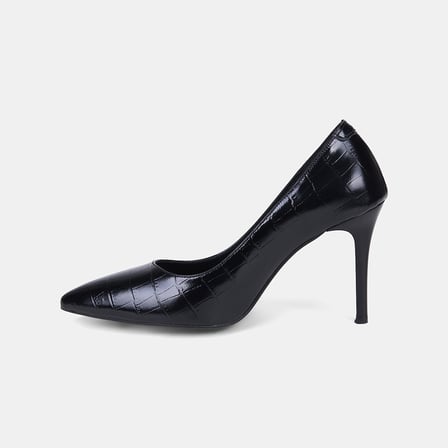 Kadın Siyah Kroko Baskılı Sivri Burunlu Klasik Deri Stiletto