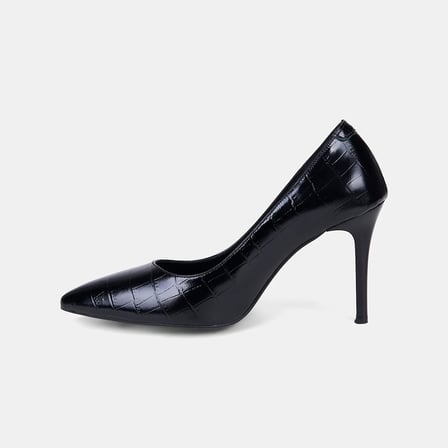 Kadın Siyah Kroko Baskılı Sivri Burunlu Klasik Deri Stiletto