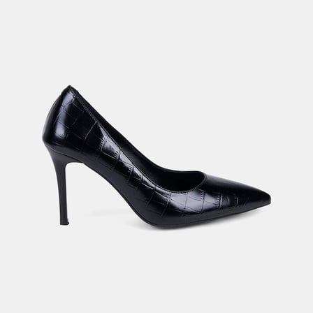 Kadın Siyah Kroko Baskılı Sivri Burunlu Klasik Deri Stiletto