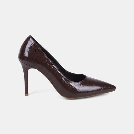Kadın Kahve Kroko Baskılı Sivri Burunlu Klasik Deri Stiletto