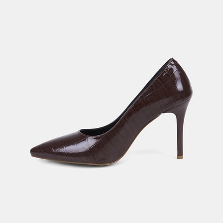 Kadın Kahve Kroko Baskılı Sivri Burunlu Klasik Deri Stiletto
