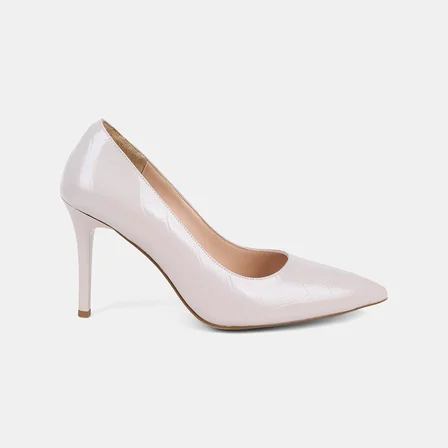Kadın Bej Kroko Baskılı Sivri Burunlu Klasik Deri Stiletto
