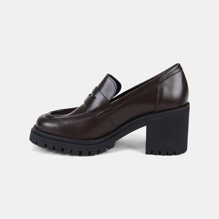 Kadın Acı Kahve Dişli Tabanlı Kalın Topuklu Deri Loafer