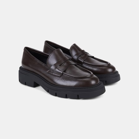Kadın Acı Kahve Kalın Dişli Tabanlı Klasik Deri Loafer