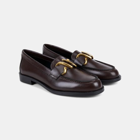 Kadın Acı Kahve Asimetrik Gold Tokalı Deri Loafer