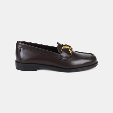 Kadın Acı Kahve Asimetrik Gold Tokalı Deri Loafer