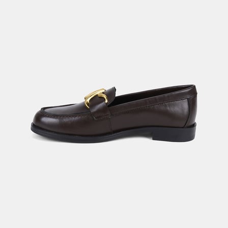 Kadın Acı Kahve Asimetrik Gold Tokalı Deri Loafer