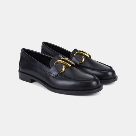 Kadın Siyah Asimetrik Gold Tokalı Deri Loafer