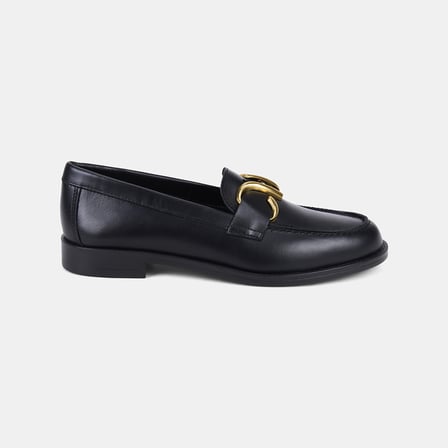 Kadın Siyah Asimetrik Gold Tokalı Deri Loafer