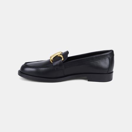 Kadın Siyah Asimetrik Gold Tokalı Deri Loafer