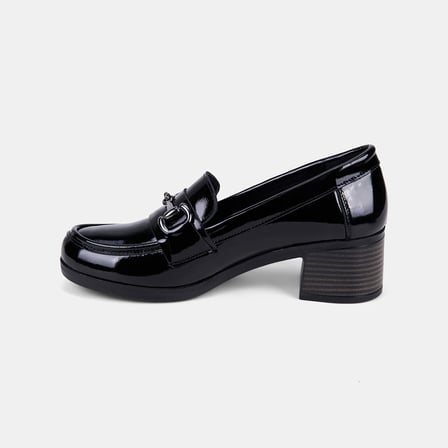 Kadın Siyah DesaComfort Metal Tokalı Rugan Deri Topuklu Loafer