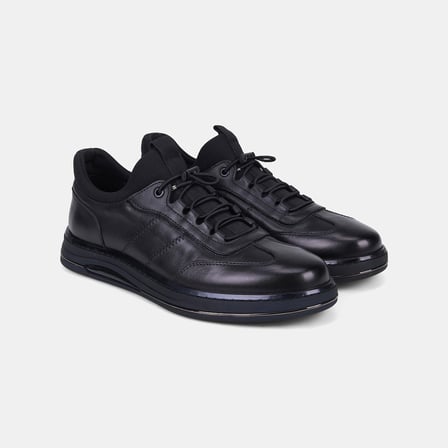 Erkek Siyah DesaComfort Lastik Bağcıklı Günlük Deri Sneaker