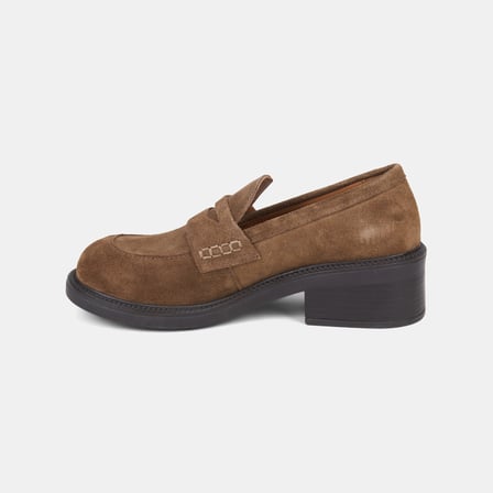 Kadın Taba Yuvarlak Burunlu Kalın Topuklu Süet Loafer