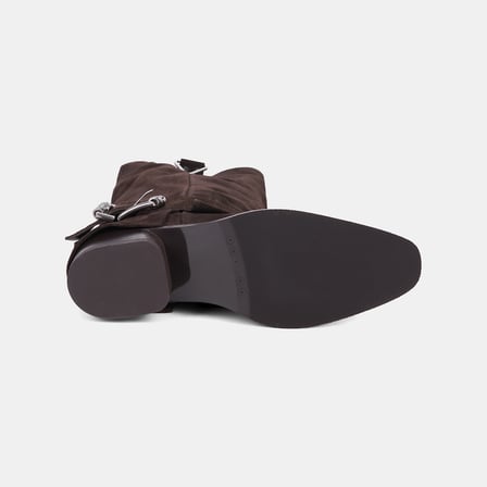 Kadın Koyu Kahve Vintage Tokalı Süet Western Çizme