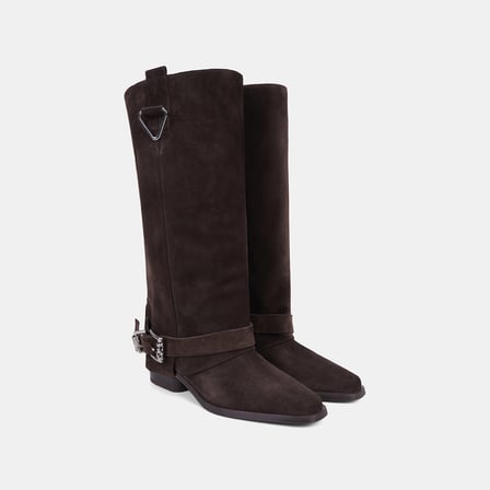 Kadın Koyu Kahve Vintage Tokalı Süet Western Çizme