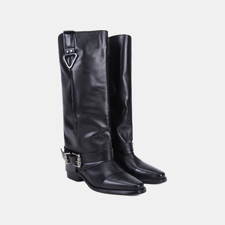 Kadın Siyah Vintage Toka Detaylı Dökümlü Deri Çizme