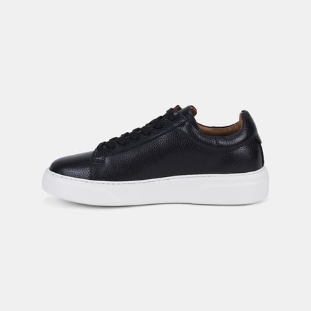 Erkek Siyah Bağcıklı Kalın Tabanlı Deri Sneaker 