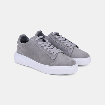Erkek Gri Bağcıklı Kalın Beyaz Tabanlı Süet Sneaker