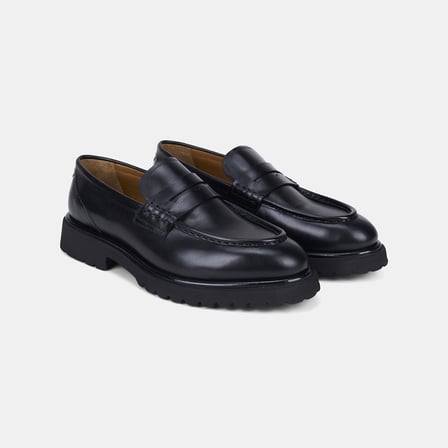 Erkek Siyah Apron Dikişli Kalın Tabanlı Deri Loafer
