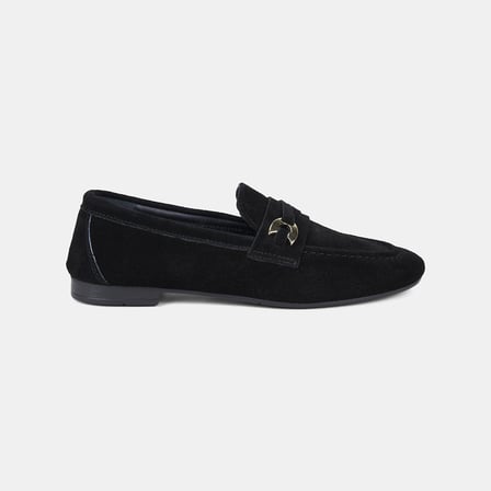 Kadın Siyah Gold Aksesuarlı Slip-On Süet Loafer