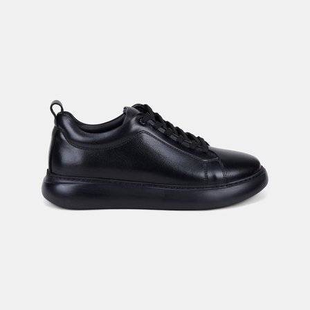 Erkek Siyah Bağcıklı Kalın Tabanlı Deri Sneaker