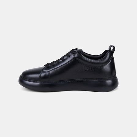 Erkek Siyah Bağcıklı Kalın Tabanlı Deri Sneaker