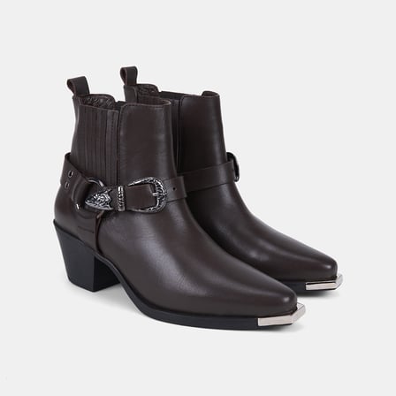 Kadın Acı Kahve Vintage Tokalı Topuklu Deri Western Bot