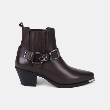 Kadın Acı Kahve Vintage Tokalı Topuklu Deri Western Bot