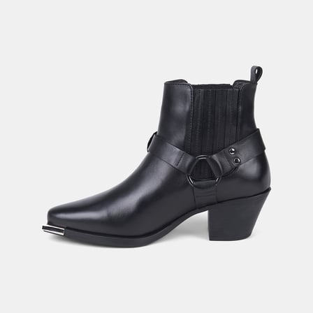 Kadın Siyah Vintage Tokalı Topuklu Deri Western Bot