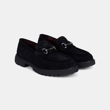 Erkek Siyah Gümüş Tokalı Süet Loafer
