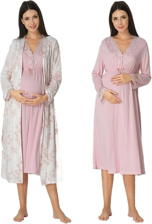 Kadın Pudra Sabahlıklı Hamile Lohusa Gecelik Takım, L, EF8095EF-86D0018319244