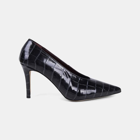 Kadın Siyah Kroko Baskılı Sivri Burunlu Deri Stiletto