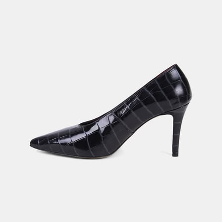 Kadın Siyah Kroko Baskılı Sivri Burunlu Deri Stiletto