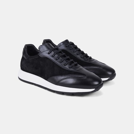 Erkek Siyah Bağcıklı Süet Detaylı Deri Sneaker
