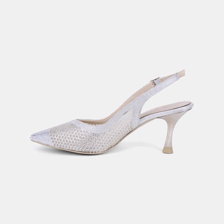 Kadın Gümüş Işıltılı Taş İşlemeli Fileli Slingback Gelin Ayakkabısı