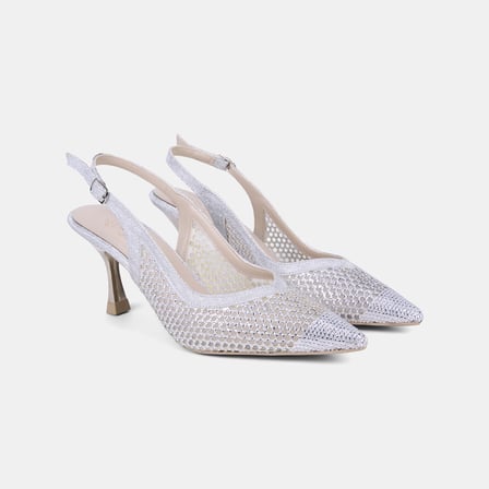 Kadın Gümüş Işıltılı Taş İşlemeli Fileli Slingback Gelin Ayakkabısı