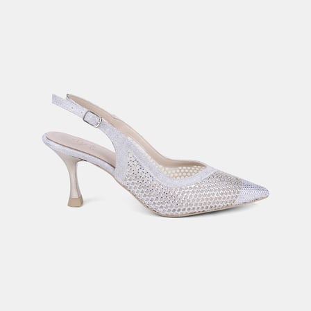 Kadın Gümüş Işıltılı Taş İşlemeli Fileli Slingback Gelin Ayakkabısı