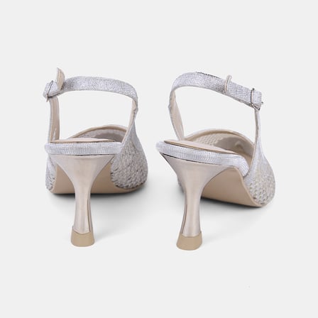 Kadın Gümüş Işıltılı Taş İşlemeli Fileli Slingback Gelin Ayakkabısı