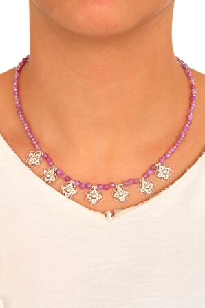 Doğal Taşlı Telkari Çiçek Model Gümüş Kadın Kolye