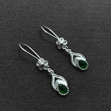 Zümrüt Taşlı Oksitli Telkari Gümüş Kadın Küpe