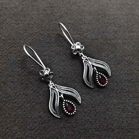 Yakut Taşlı Oksitli Telkari Gümüş Kadın Küpe